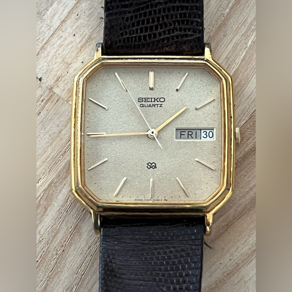 Seiko Sq Men’s Watch Vintage Sgp Gold Plated Black Leather Strap Day Date Window